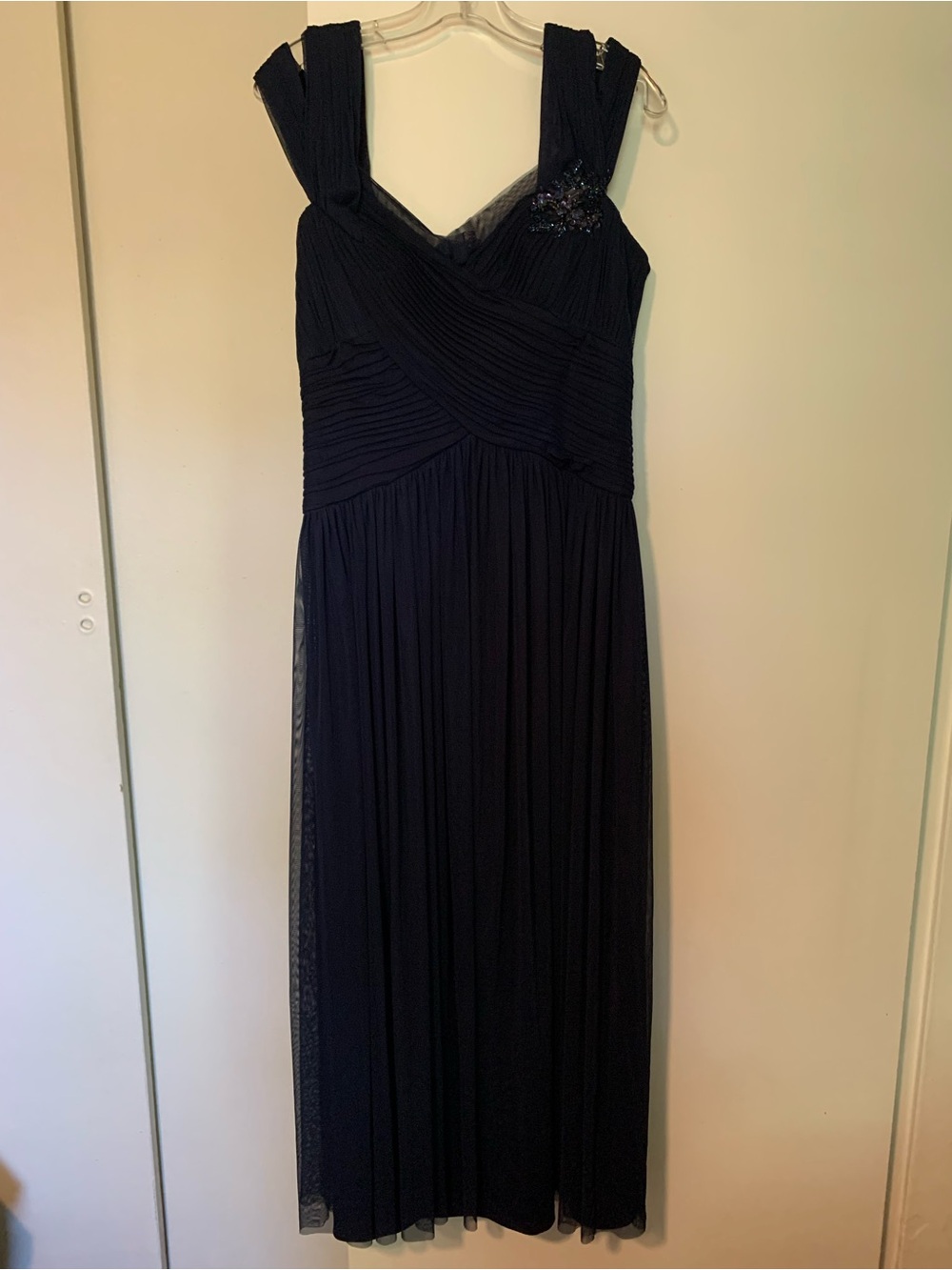 JS Collections Navy Pleated Chiffon Evening Gown